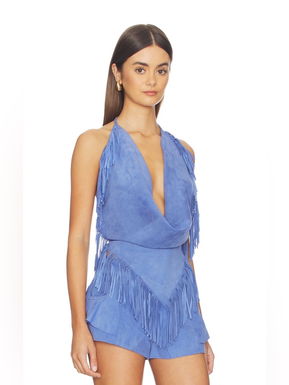 NWT Understated Leather FRINGED HALTER TOP IN PALACE BLUE - Picture 3 of 7